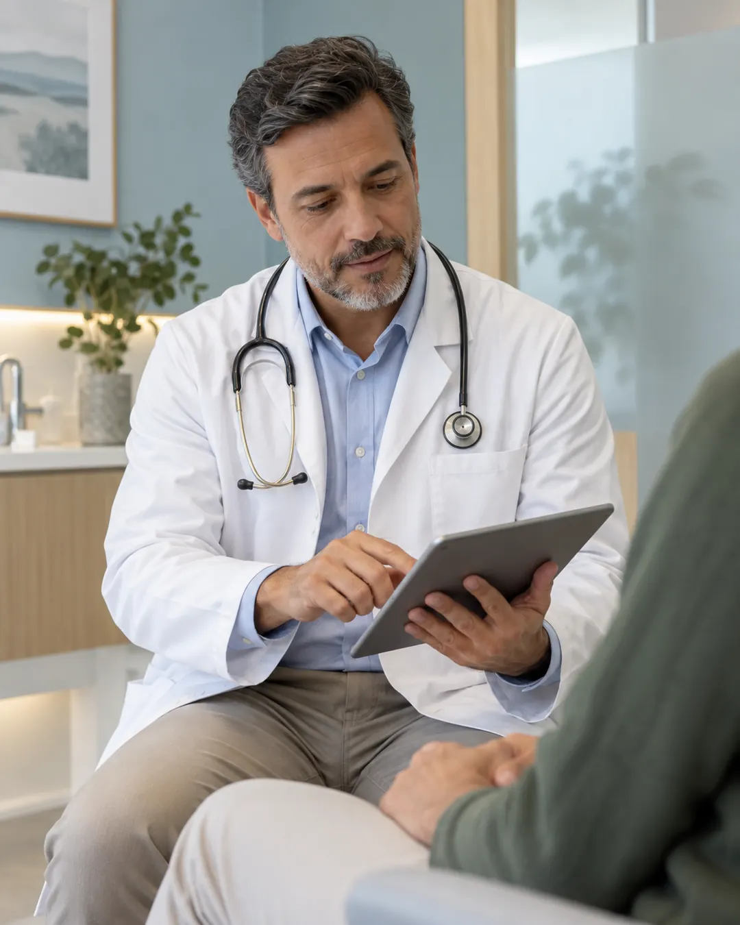 Médico revisando o prontuário digital durante uma consulta.