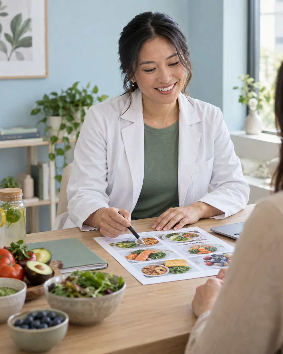 Nutricionista apresentando um plano alimentar a uma paciente.