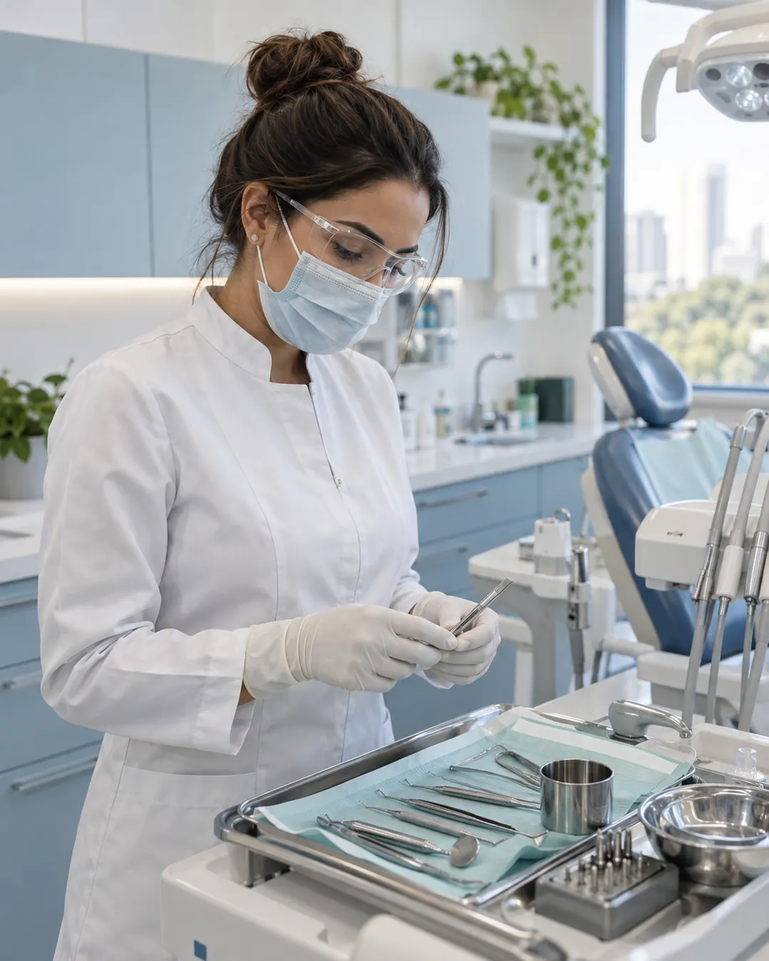 Dentista preparando instrumentos em um consultório moderno.