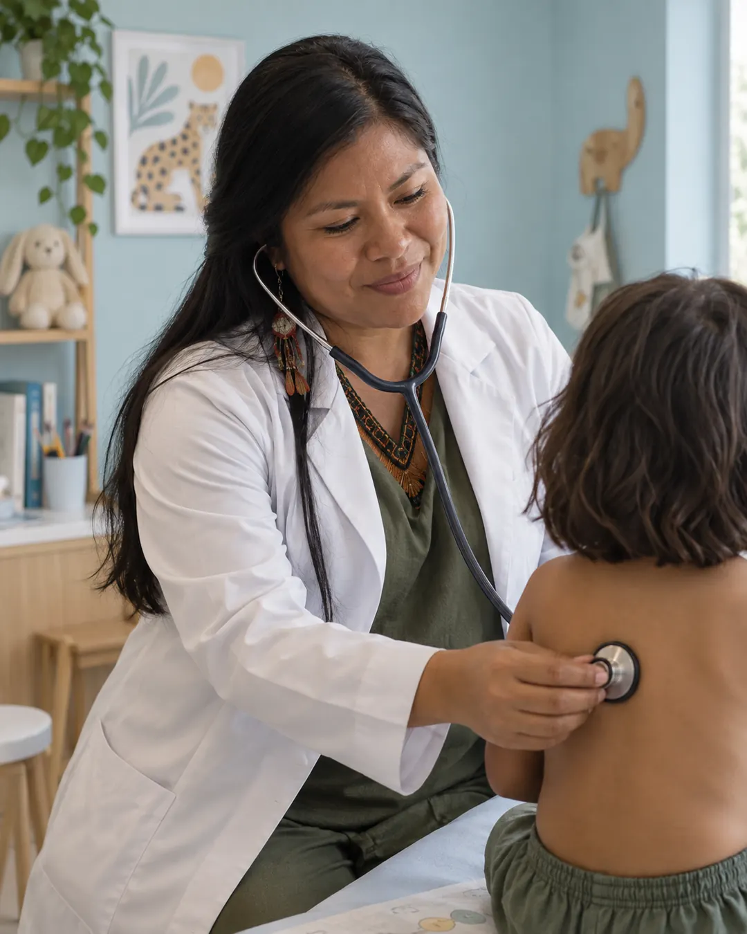 Pediatra examinando uma criança com cuidado.