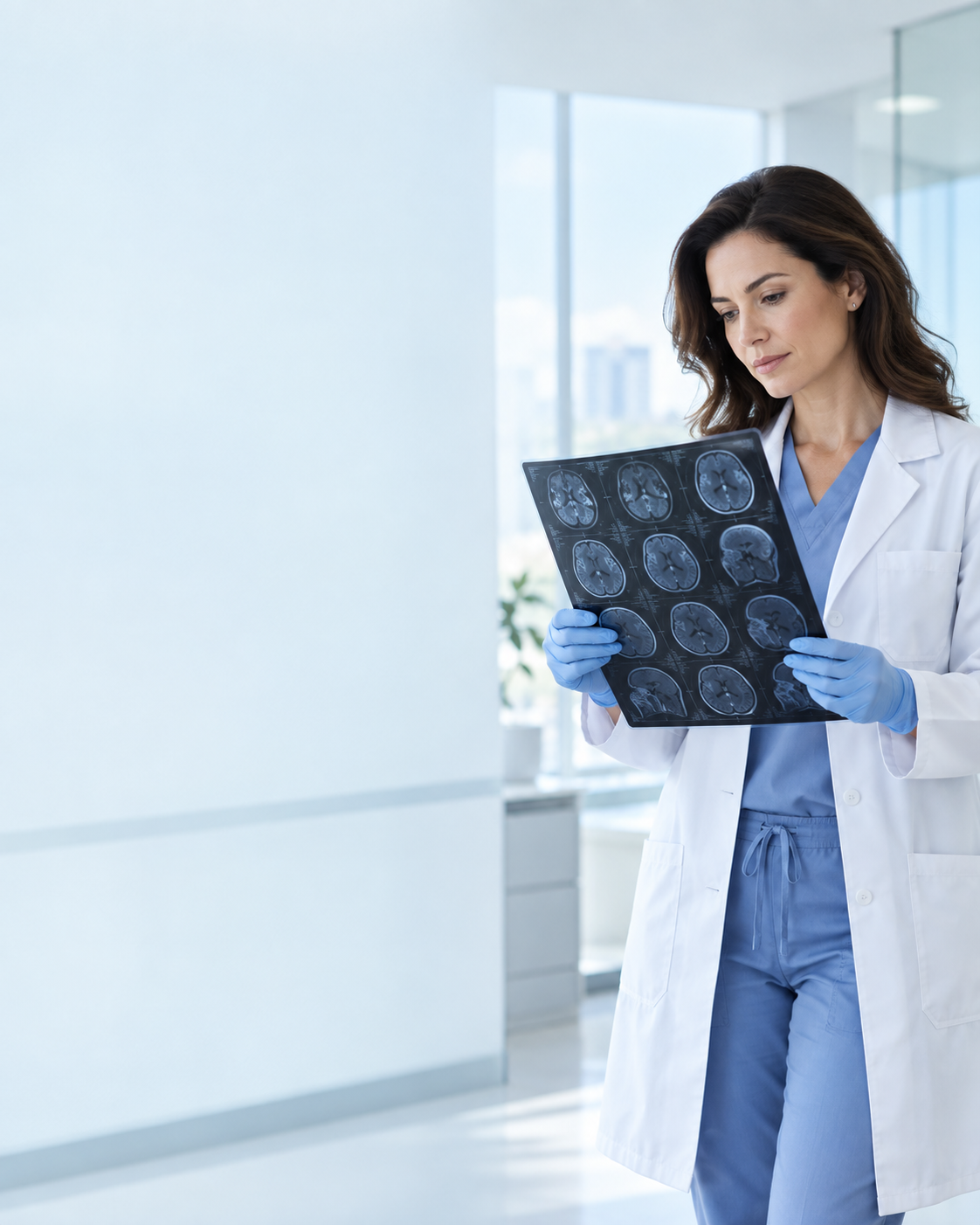 Profissional de saúde usando um tablet em uma clínica clara e contemporânea.